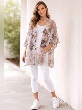 Brittany Black Sheer Floral Lace Kimono in Blush and Sage